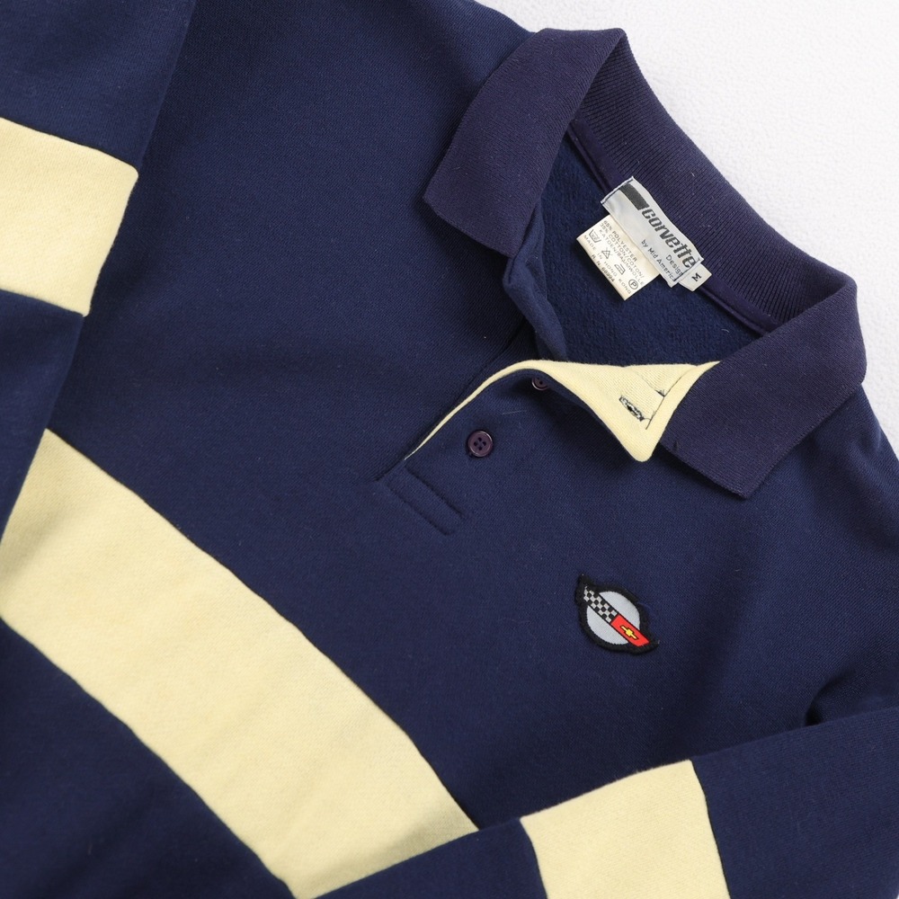 Vintage Corvette Design Long Sleeve Polo Sweatshirt Navy Blue Yellow Mens Medium